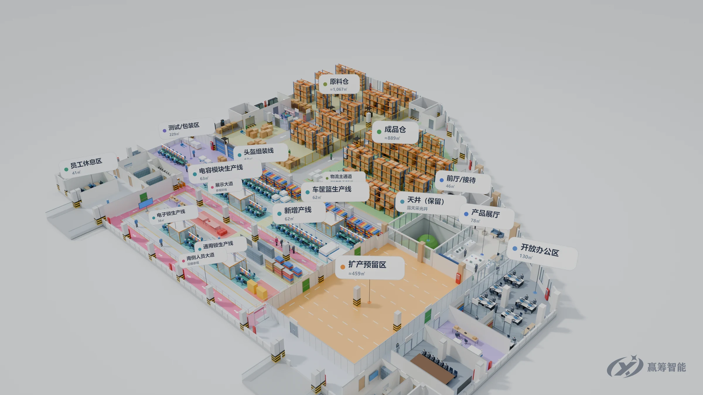 3D aerial view of the new plant’s full-floor layout, from the southeast