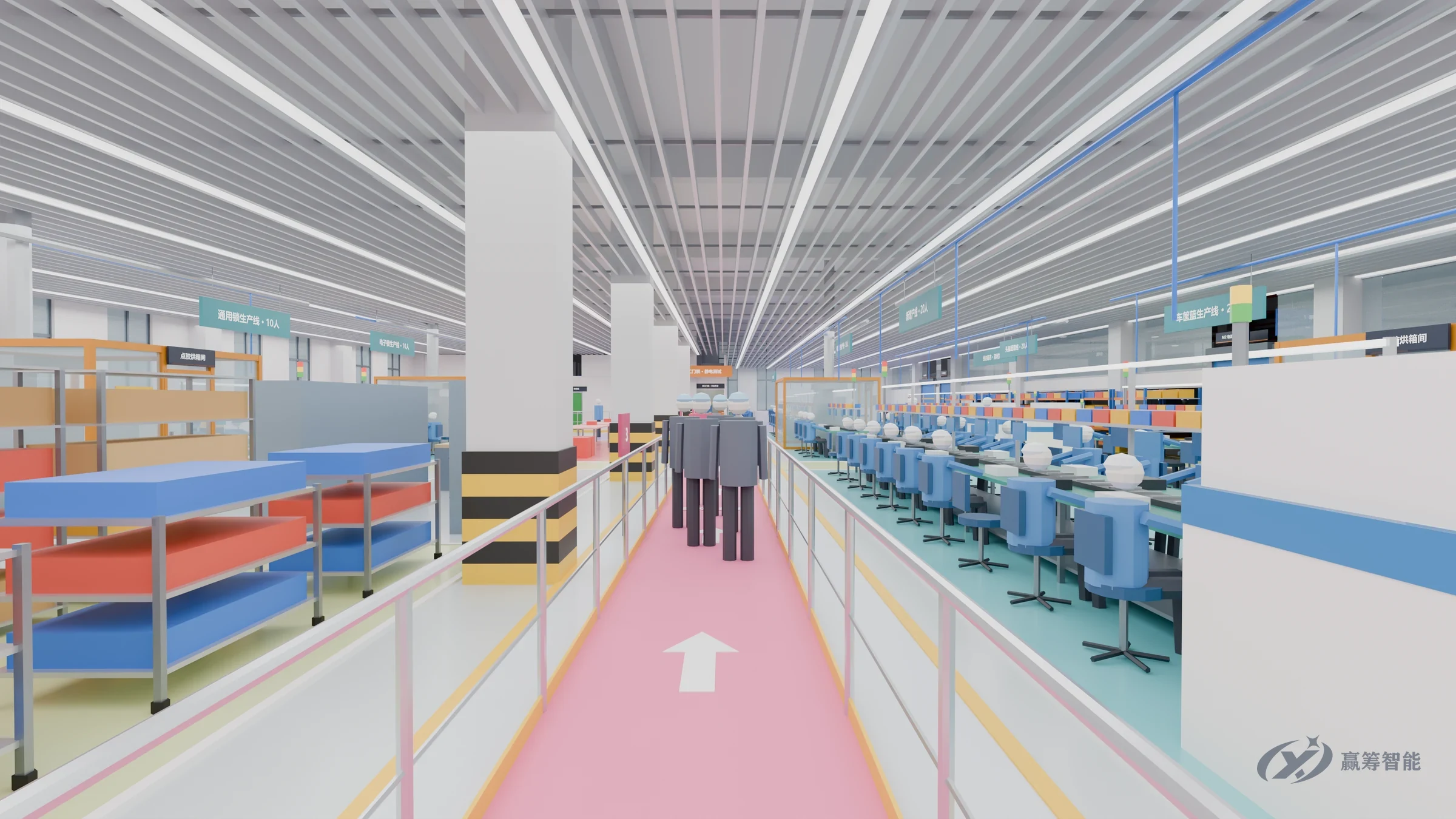 Eye-level rendering of the workshop showcase aisle