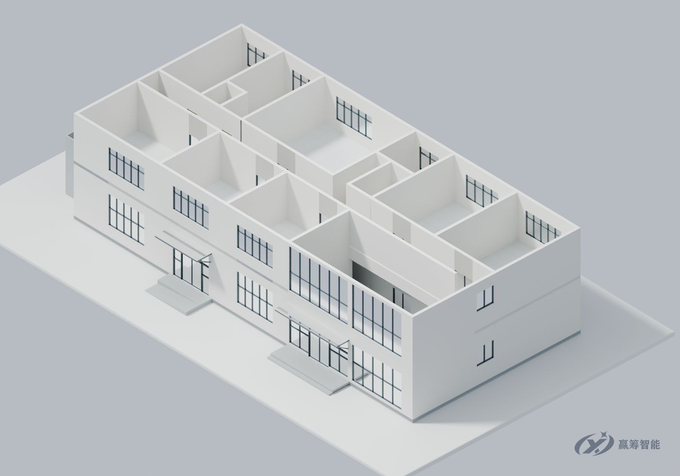 3D view of an office building with the roof removed