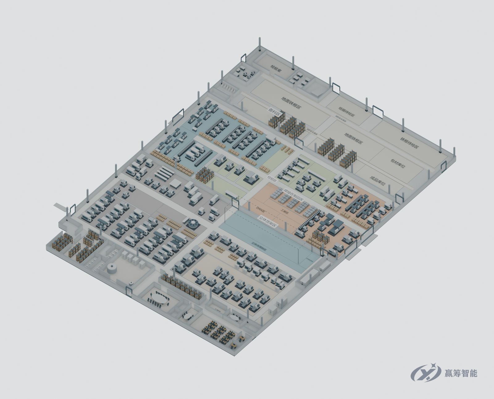 3D rendering of a workshop equipment layout