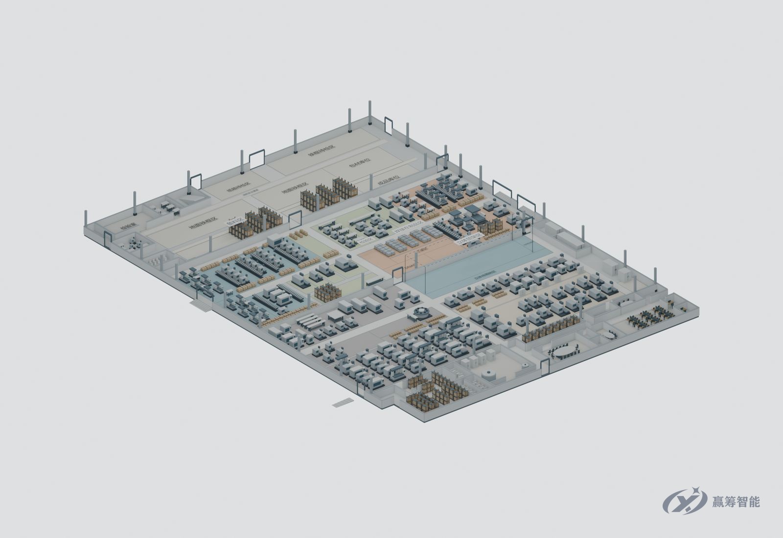 Low-angle view of a 3D model of a factory equipment layout
