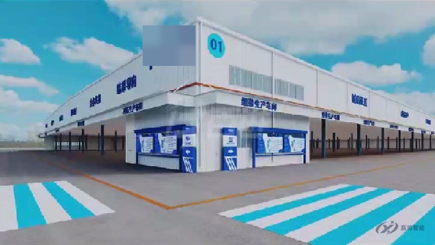 Rendering of a factory facade with colored crosswalks