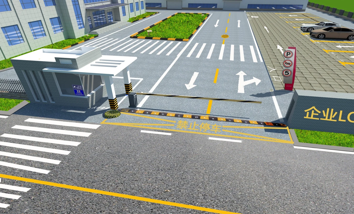厂区大门、道路标线与停车区的三维规划效果图